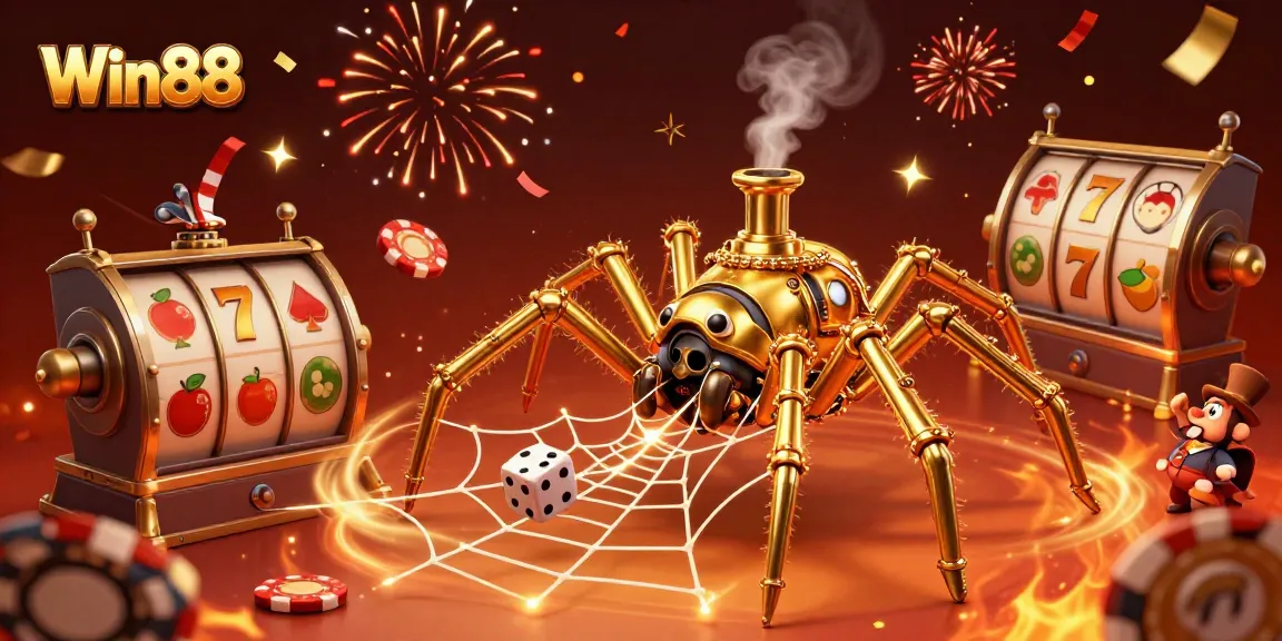 Win88 offers an exciting scene with a playful steampunk spider caught in a jackpot web among colorful gaming symbols.