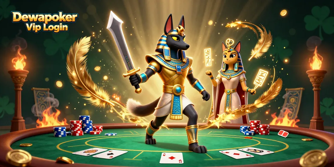 Dewapoker Vip Login showcases a vibrant poker scene with Anubis and Bastet immersed in gameplay, surrounded by dynamic golden elements.