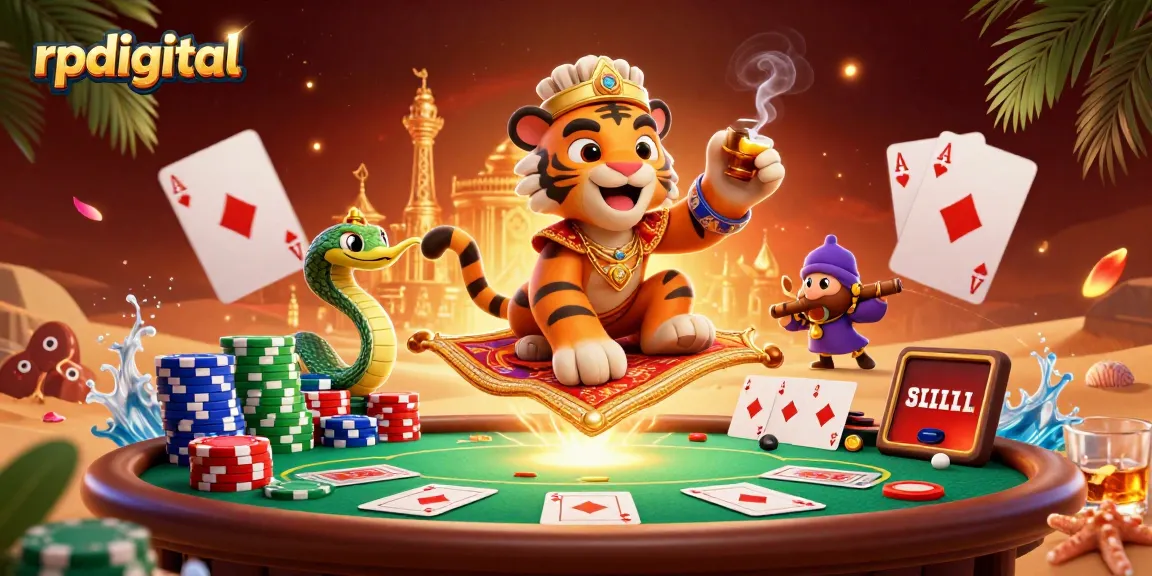 Engage with rpdigital's unique Arabian Nights casino experience featuring a majestic sultan surrounded by vibrant poker elements.