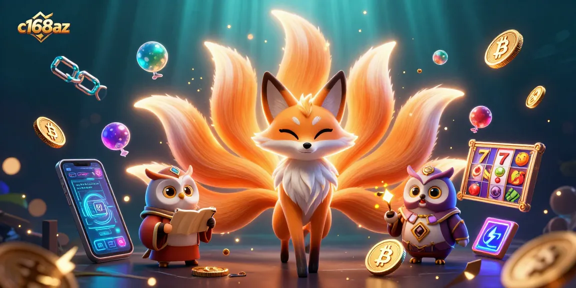 Experience the vibrant world of c168az with a colorful nine-tailed fox and wise owl amidst glowing crypto elements and slot game icons.