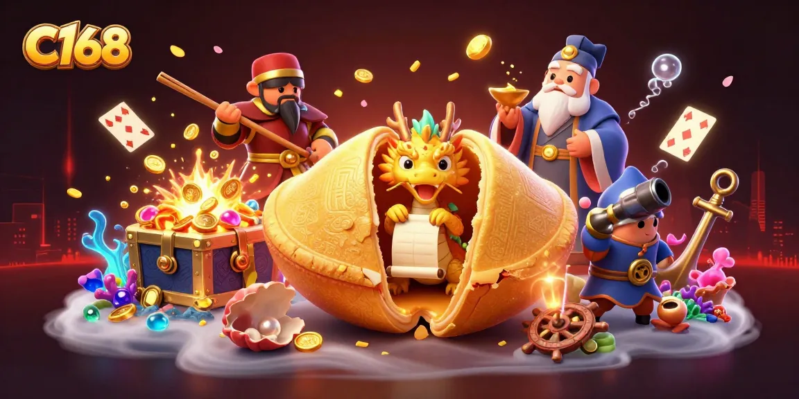 C168 introduces an exciting casino atmosphere with a dragon and golden fortune cookie in a vibrant 3D illustration.
