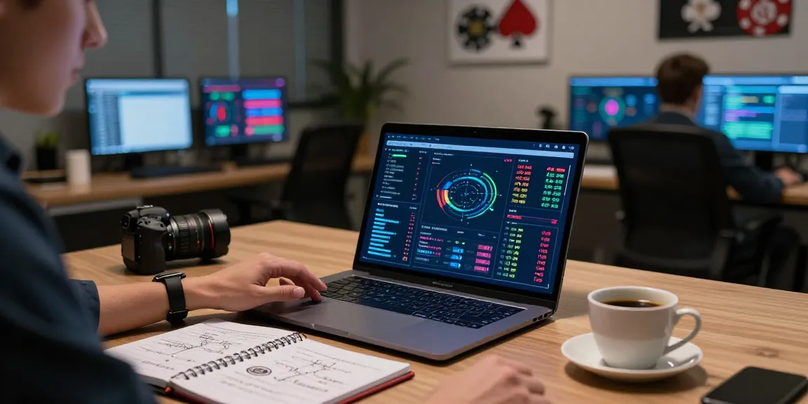 Strategist working on casino link building guide with performance metrics in modern online casino setting