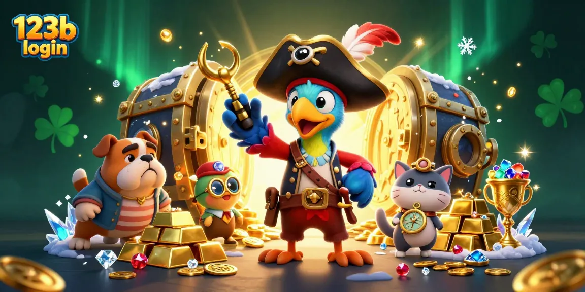 Engage with 123b login showing a pirate captain and friends amidst treasures and gaming excitement.