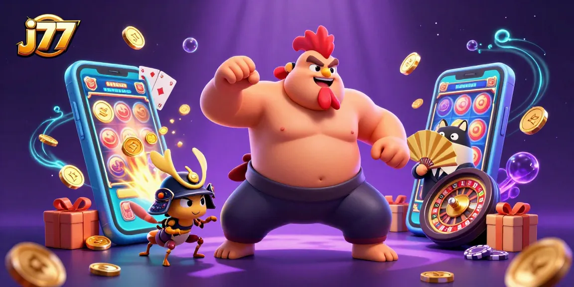 Engage in thrilling gameplay as j77 brings slots and excitement alive in a vibrant illustration.