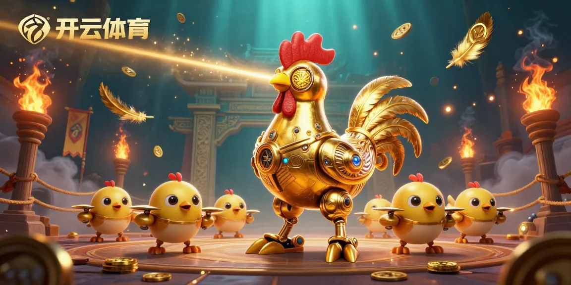 Experience the excitement at 开云体育 with a futuristic golden rooster robot and vibrant casino elements in an engaging scene.