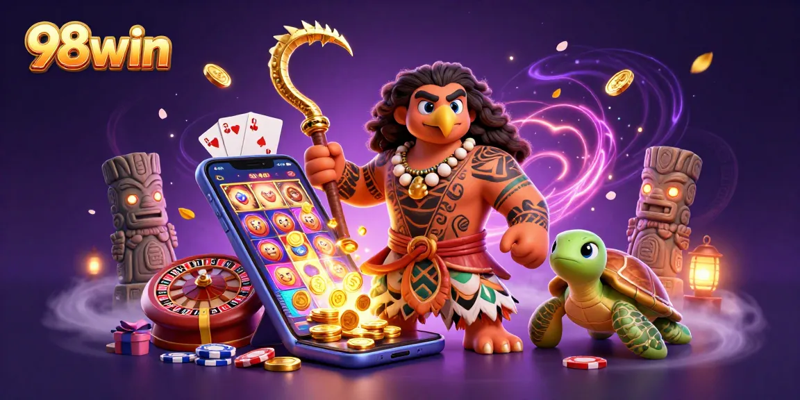 Experience thrilling slot action with 98win's vibrant and dynamic gaming illustration.