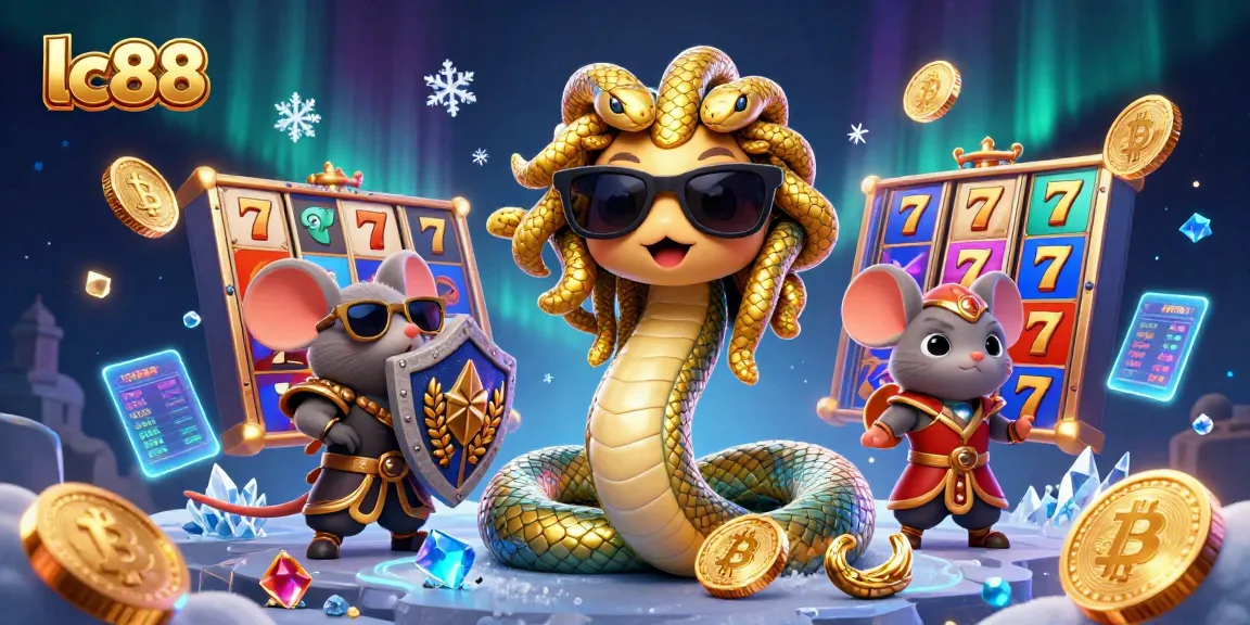 Engage with LC88's vibrant gaming scene featuring Medusa and a warrior mouse amidst thrilling slot elements.