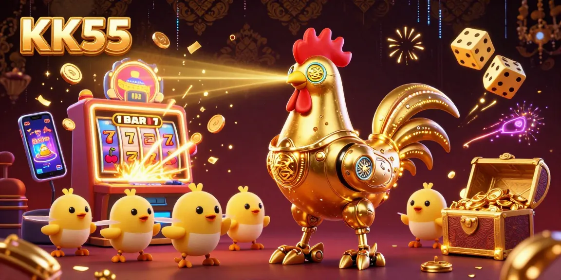 Experience thrilling jackpots at KK55 with a golden rooster robot leading a fun casino adventure.