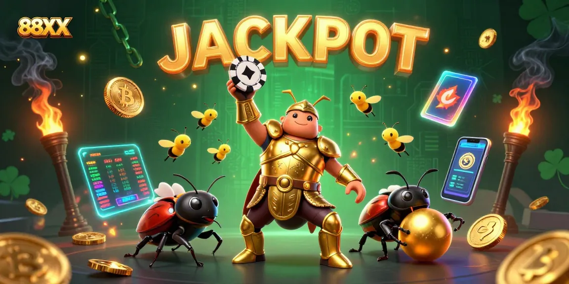 Celebrate at 88XX with a 3D hercules beetle winning poker chips amidst glimmering crypto coins