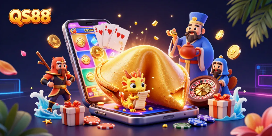 Engage with QS88's vibrant online casino scene featuring a golden fortune cookie, wise dragon, and dynamic games.