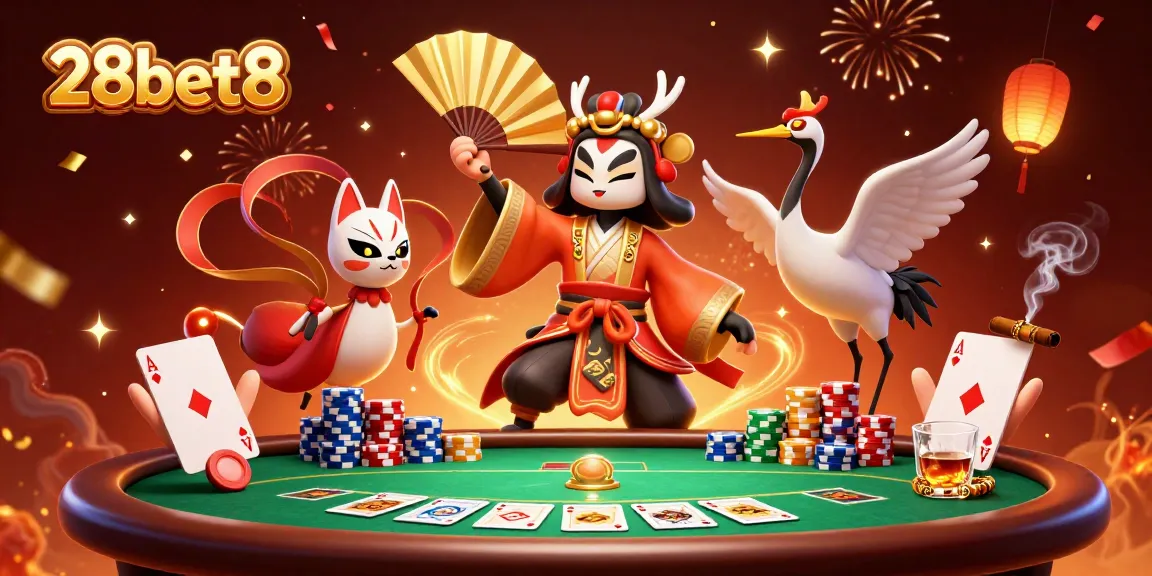 Experience the thrilling action of 28bet8 with a vibrant 3D casino scene featuring poker elements and festive effects.
