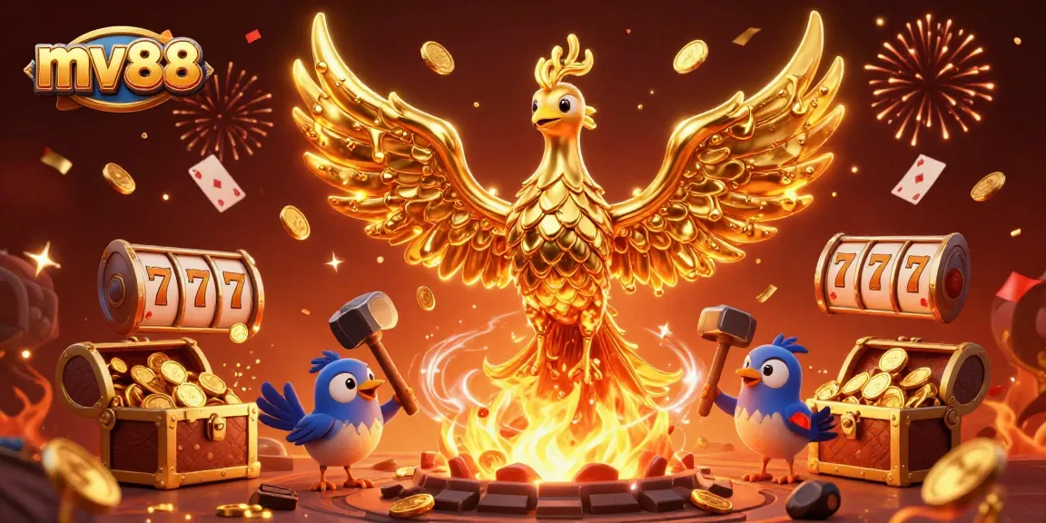 Engage with mv88's 3D illustration, showcasing a molten phoenix and casino games exploding with excitement.