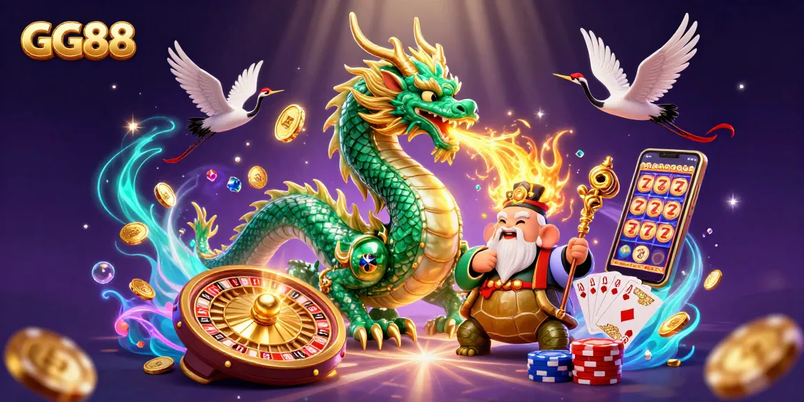 Experience the magic of GG88, featuring an emerald jade dragon and a wise turtle sage amidst casino treasures.