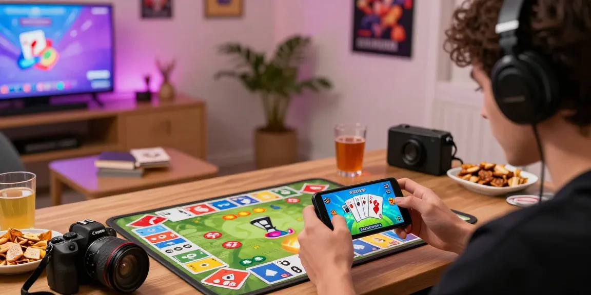 Engaged player enjoying a real money game on a mobile device with colorful card graphics in a cozy setting.