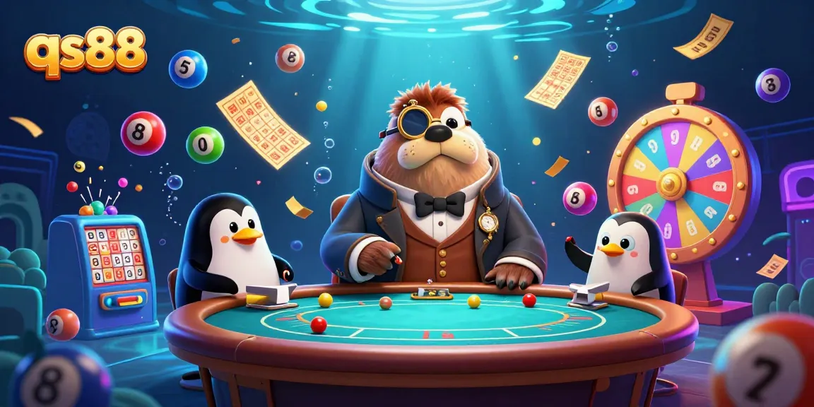 Play slots and win jackpots with qs88, where a walrus, dealer penguin, and pufferfish enjoy a vibrant underwater poker game.