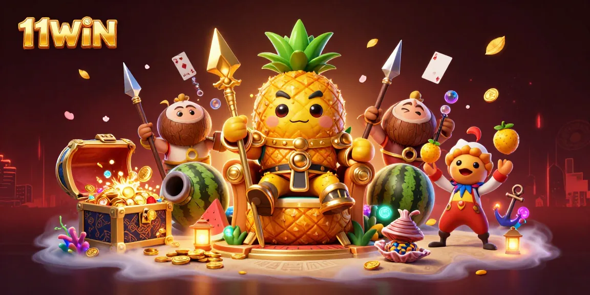 Engage with 11WIN's vibrant casino scene showcasing the golden pineapple king and treasure elements.