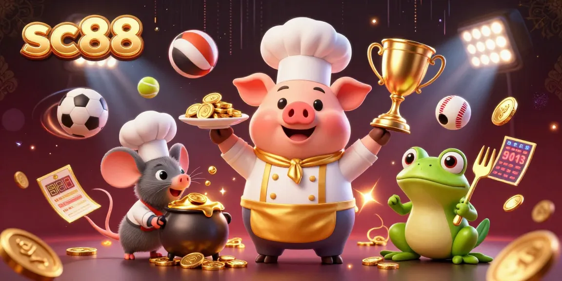 View the vibrant sc88 themed illustration showcasing a 3D chef pig presenting gold coins amidst sports elements.