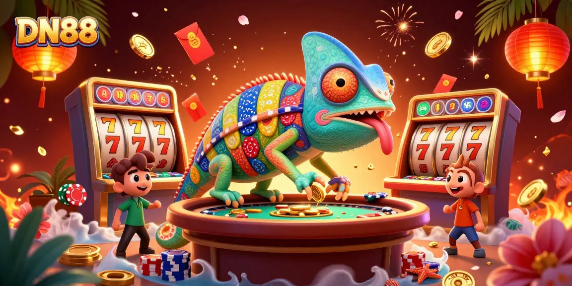 Experience the excitement of DN88 with a vibrant chameleon casino owner in a lively gambling scene.