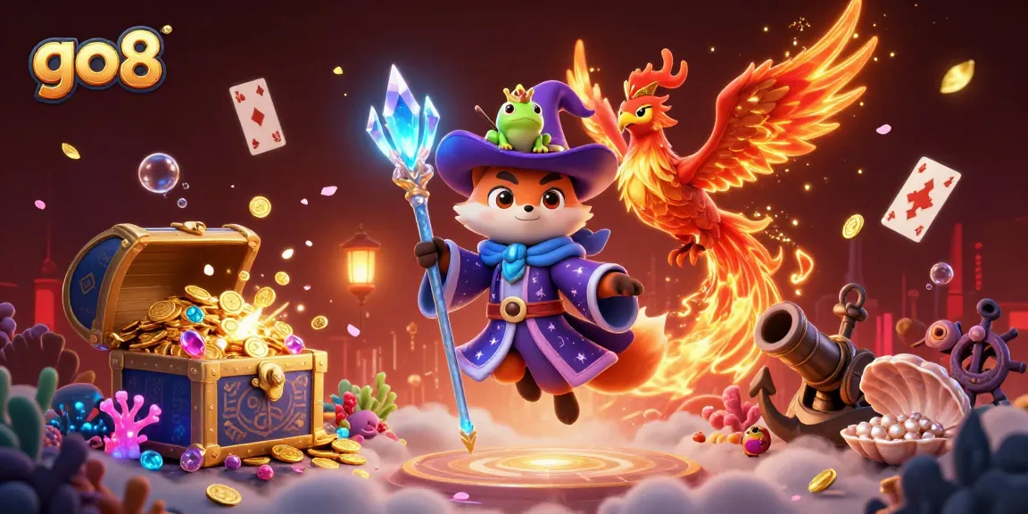 Engage in thrilling gaming adventures with go8's mystical characters amidst vibrant casino elements.