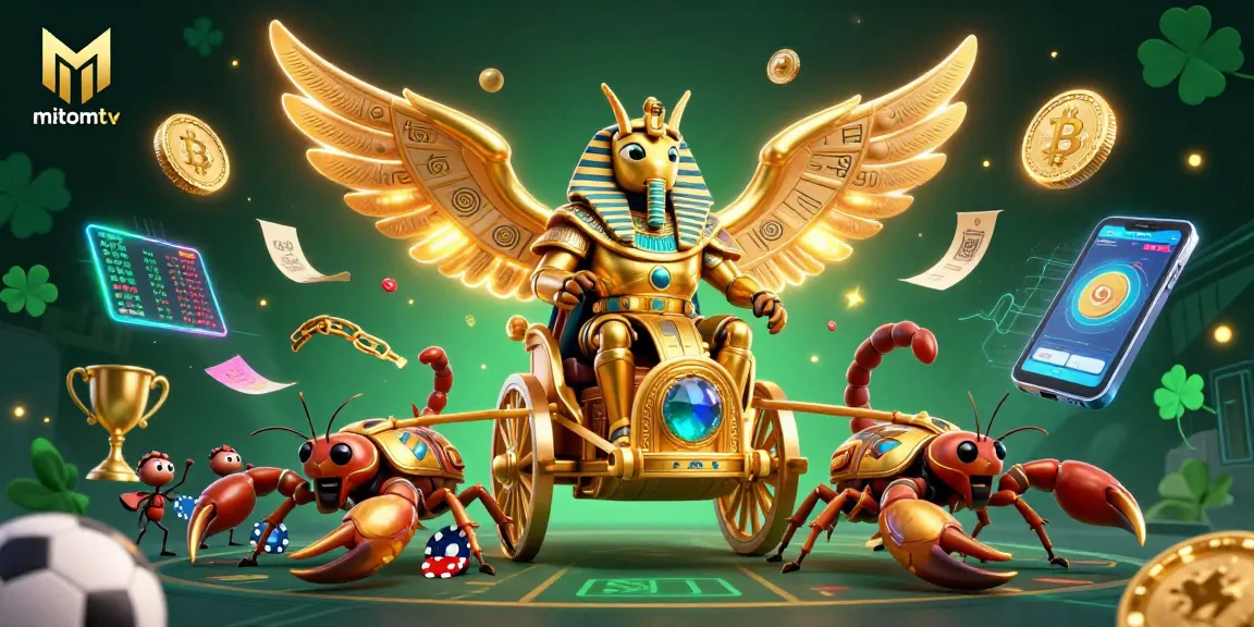 Experience dynamic sports betting with mitomtv, a visual showcase of betting slips and vibrant trophy elements.