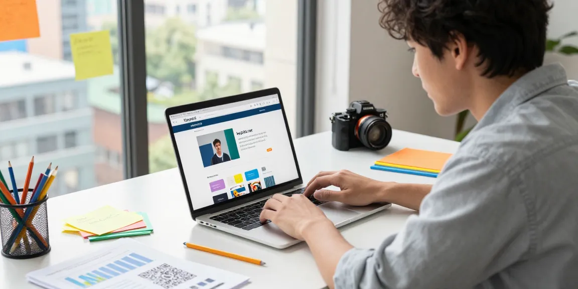 Seorang profesional muda menggunakan GEGESLOT di Heylink.me di ruang kerja yang kreatif.