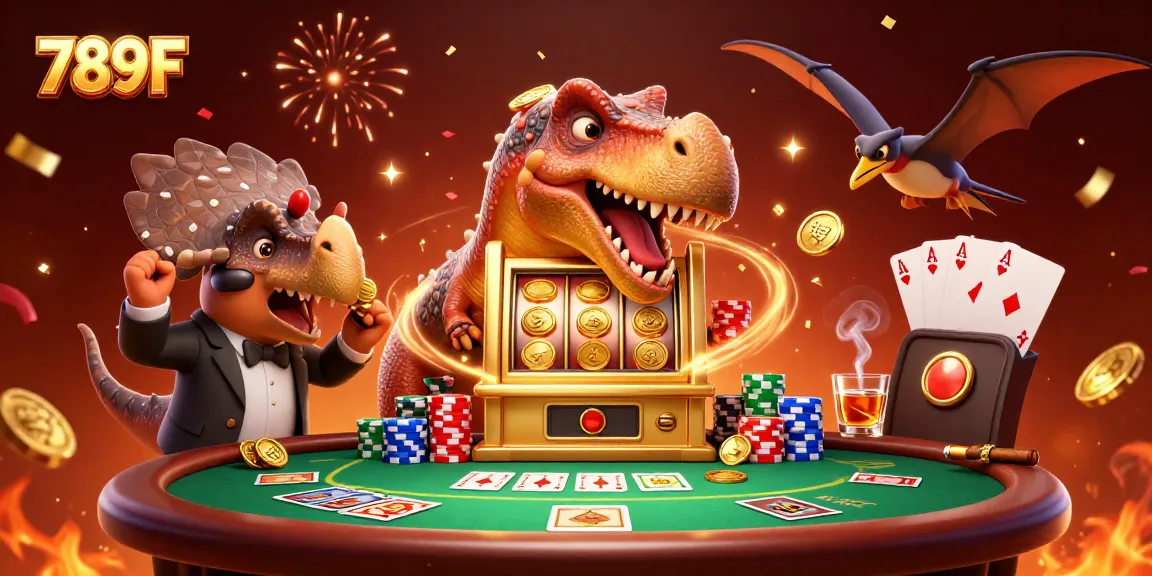 Experience 789F's thrilling jackpot win with cartoon dinosaurs celebrating in a vibrant casino scene.