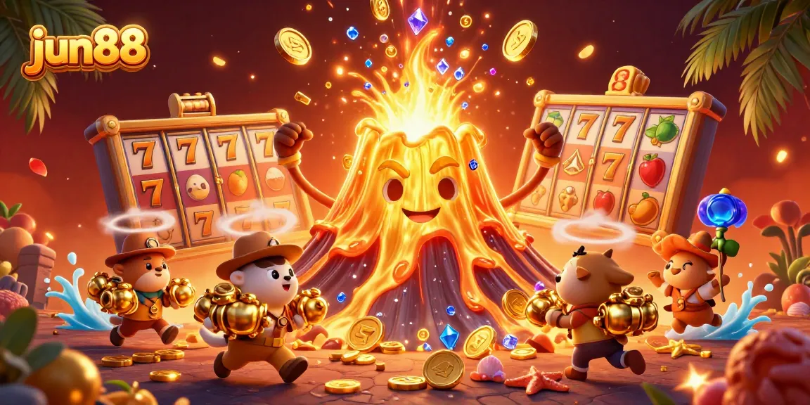 Experience the thrill of jun88's jackpots with a golden volcano erupting coins amidst vibrant casino elements.