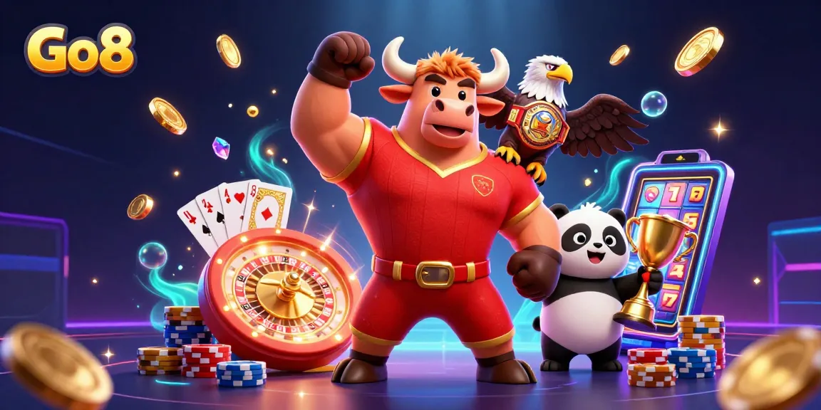 Spin and win with Go8's vibrant casino scene featuring a bull mascot, eagle, and panda.