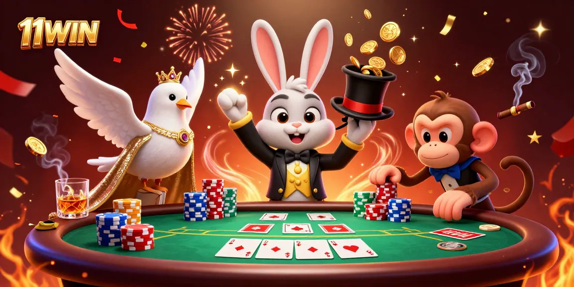 11WIN casino illustration featuring a magician rabbit, shimmering coins, and lively poker action.