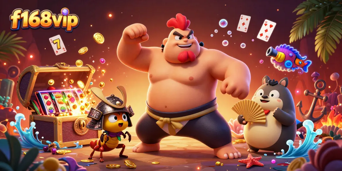 Engage with f168vip at a vibrant 3D casino featuring a sumo rooster, samurai cricket, and tanuki announcer.