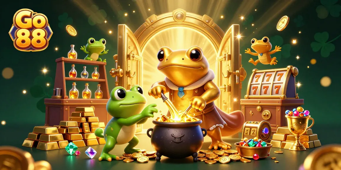 Experience Go 88's magic with the alchemist transforming metals into treasures in this vibrant casino scene.