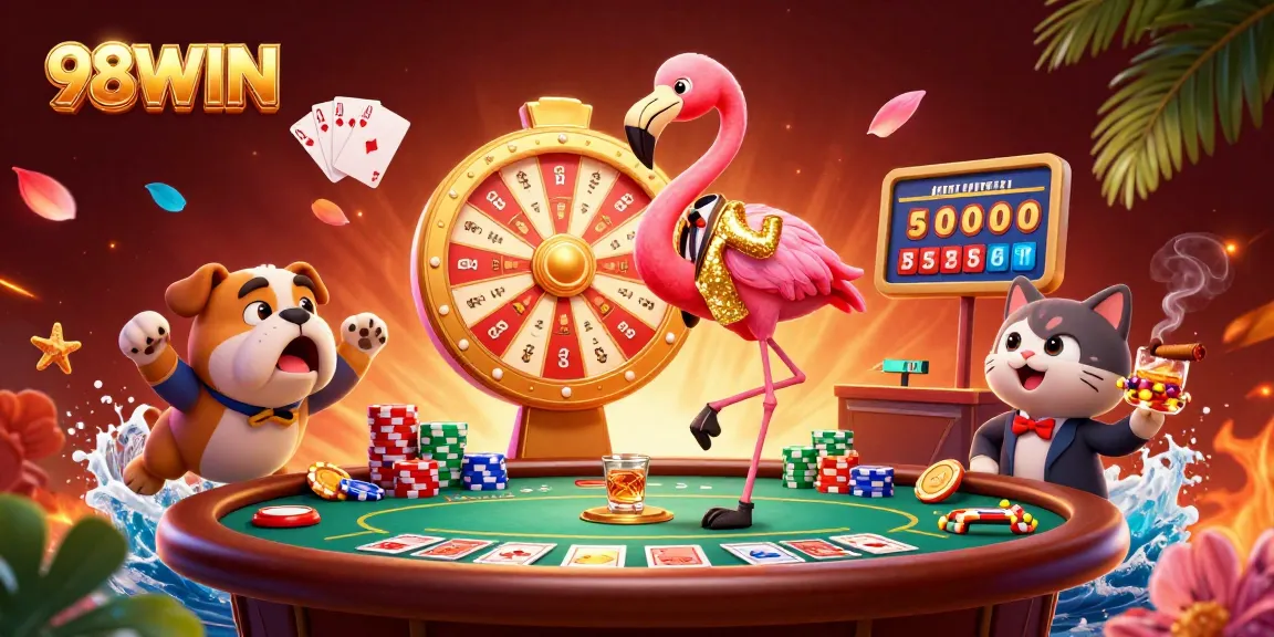 Experience thrilling action at 98WIN with a cartoon game show scene full of excitement and prizes.