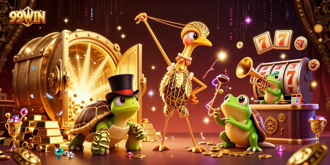 Experience the thrilling ambiance of 99WIN with vibrant casino elements and lively characters.