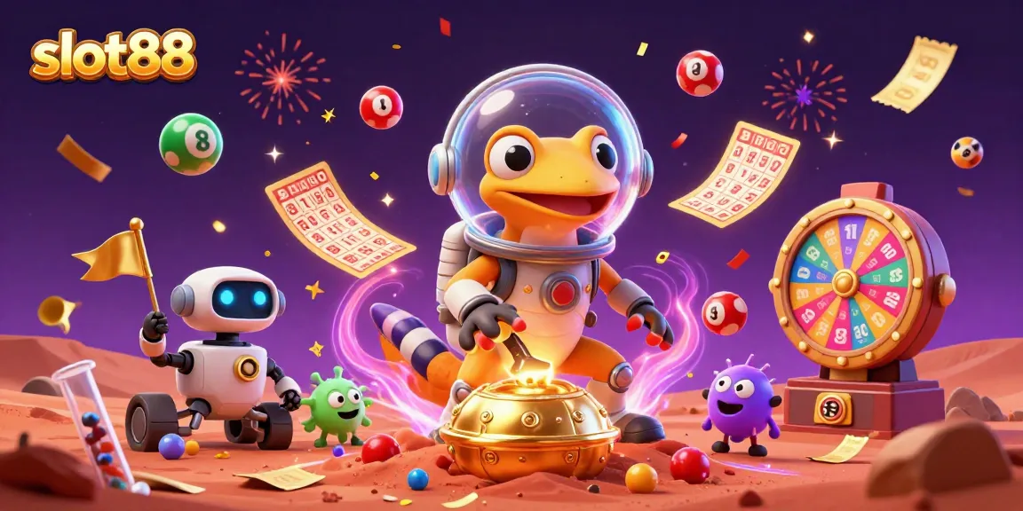 Experience winning with slot88 as a Martian gecko discovers a golden casino in a vibrant 3D illustration.