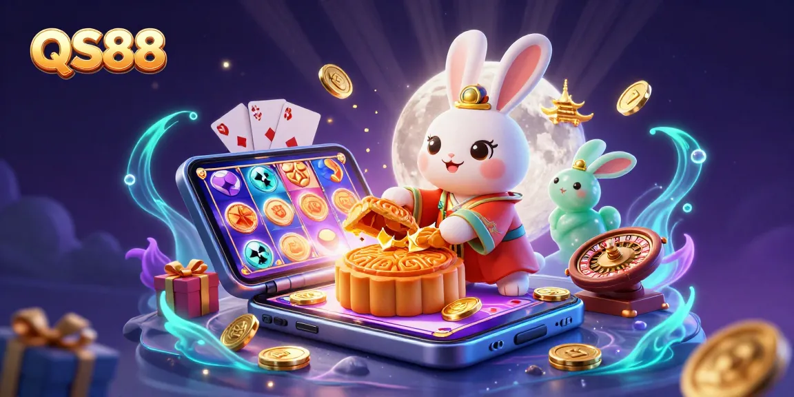 Play and win at QS88 with a detailed 3D illustration featuring exciting casino elements and vibrant characters.