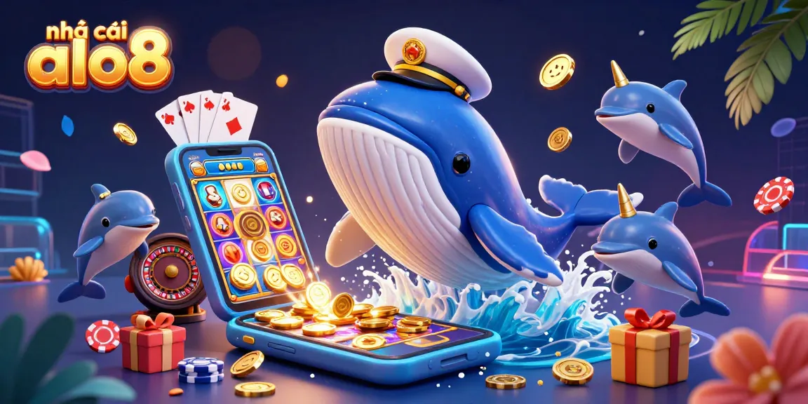 Experience excitement with nhà cái alo8 as a giant whale breaching through gold coins while playful dolphins make poker magic.
