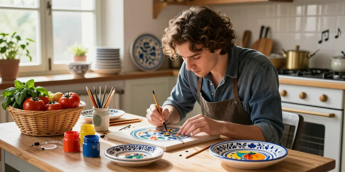 Beautiful artisan painting Deruta Ceramics surrounded by vibrant colors and natural light in a cozy Italian kitchen.
