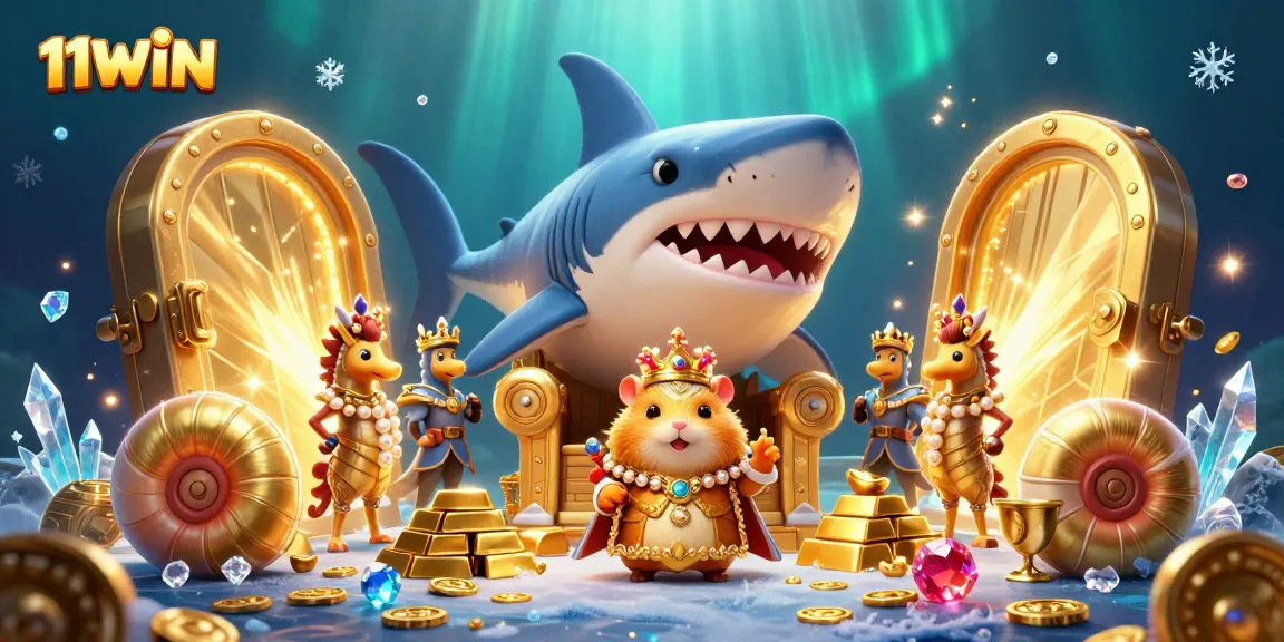 Enjoy exciting wins with 11WIN's vibrant casino-themed underwater adventure illustration.