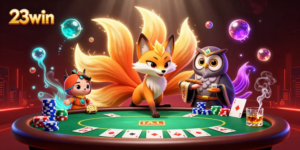 Engage with 23win's thrilling poker scene featuring vibrant characters and dynamic game elements.