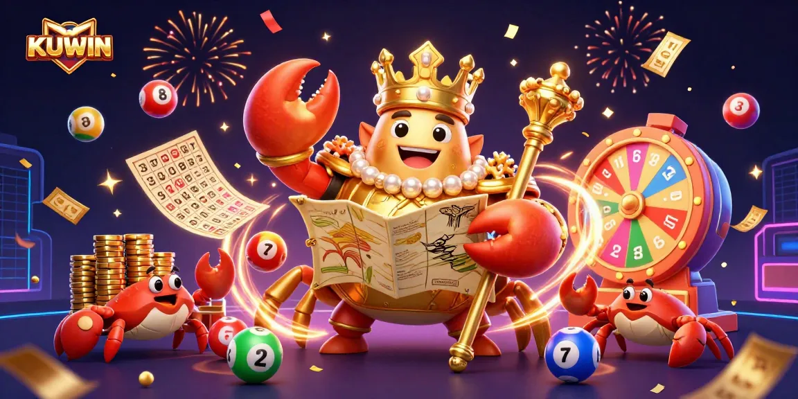Engage with KUWIN's vibrant lottery scene featuring a golden crab emperor and colorful elements.