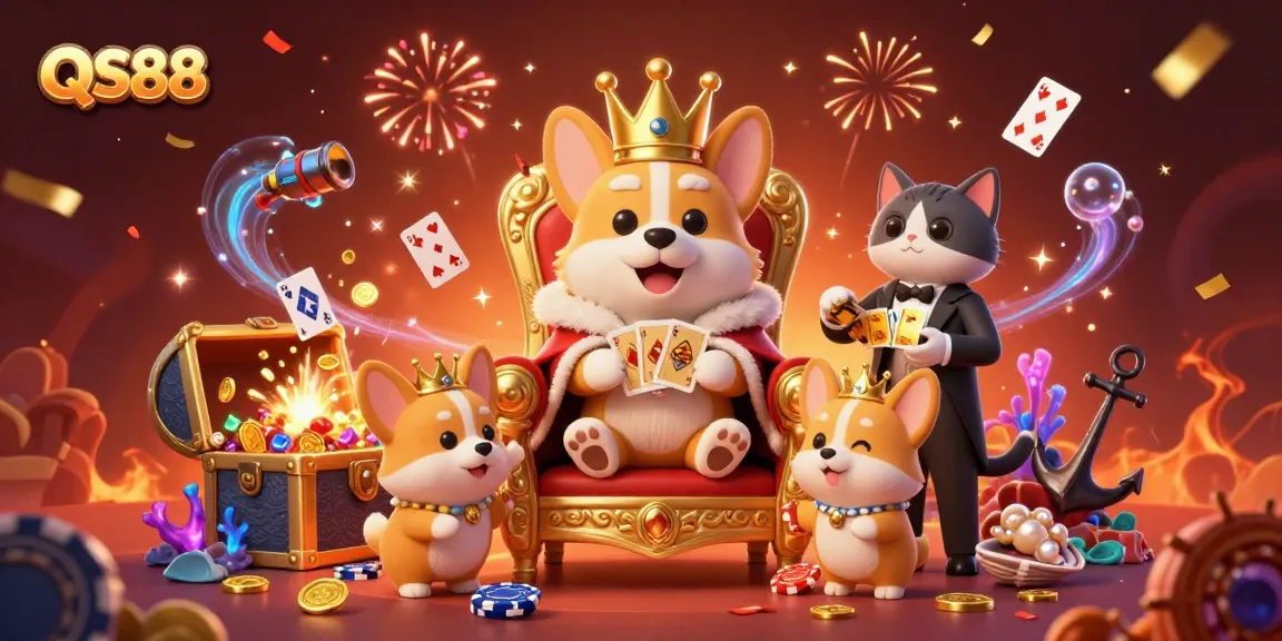Engage with QS88's rich gaming experience featuring a royal corgi on poker chips and gem-filled treasures.