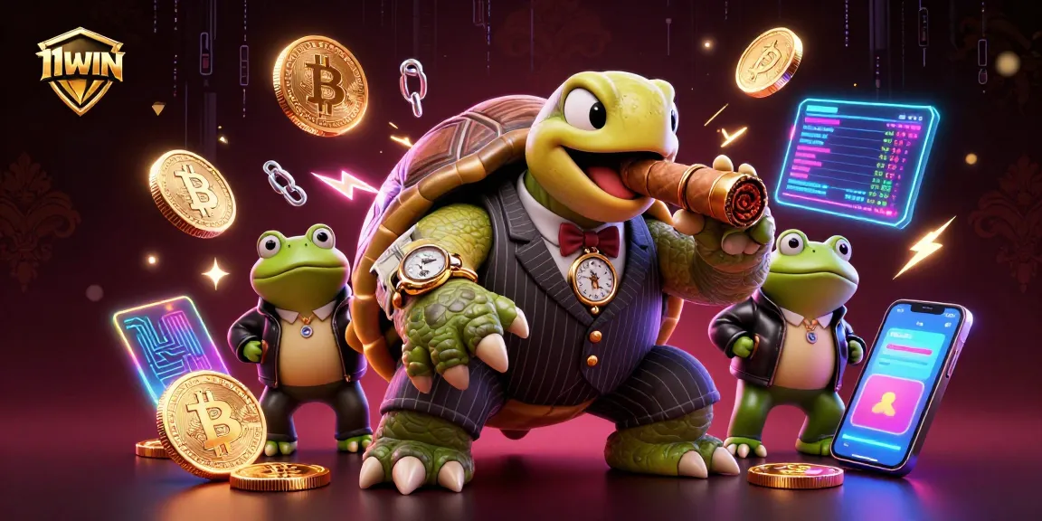 Experience thrilling victories at 11WIN with an energetic casino scene featuring crypto-themed characters.