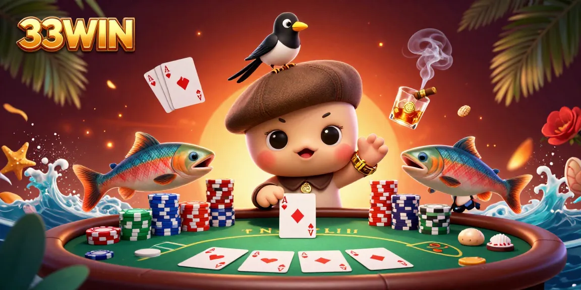 Experience thrilling action at 33WIN with vibrant 3D gambling scenes featuring slot reels and poker.
