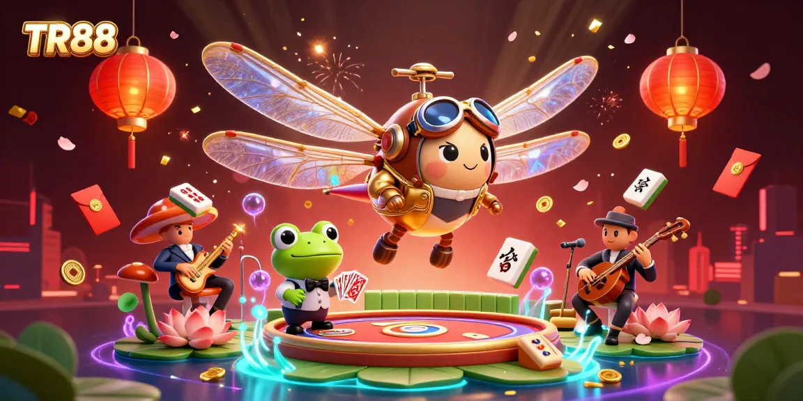 Experience excitement at TR88 with the dragonfly pilot, frog dealer, and jazz band amid vibrant gaming elements.