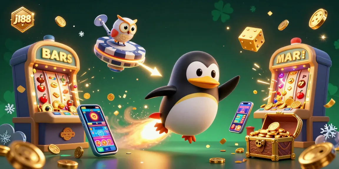 Spin to win with j188: A vibrant casino scene featuring a golden penguin and slot machine excitement.