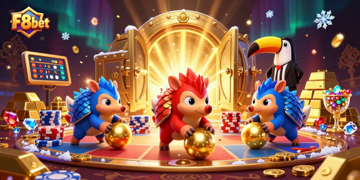 Experience exhilarating gaming at F8bet with pangolins bowling through poker chips in a spectacular casino scene.