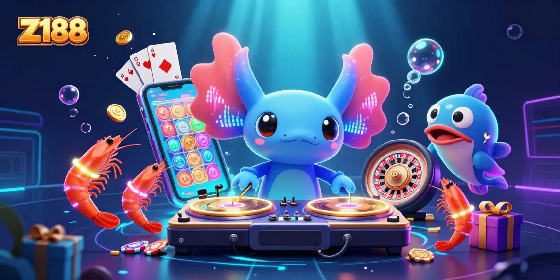 Z188 brings vibrant gaming energy with a DJ axolotl, slot games, and a lively underwater scene