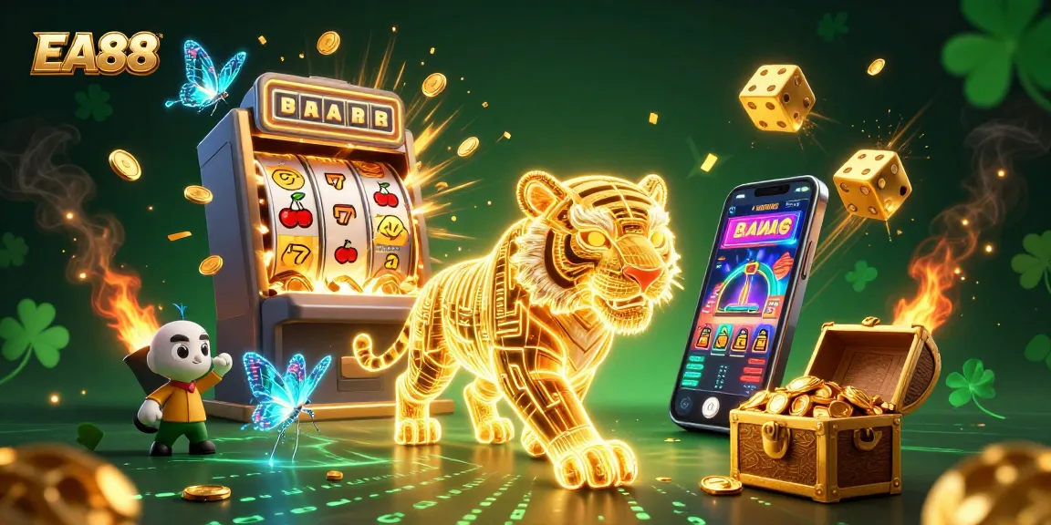 EA88 offers exciting casino gaming, featuring a neon-wireframe golden tiger in a dazzling digital landscape.