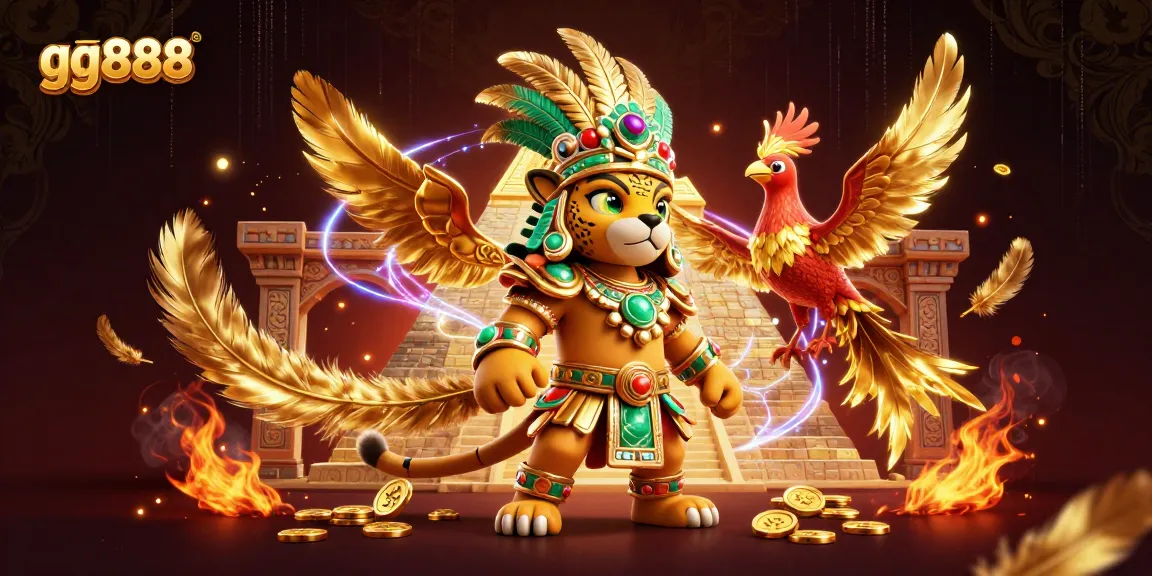 Engage in gaming excitement with gg888 as the Mayan jaguar priest and quetzal bird celebrate wins in a vibrant casino.