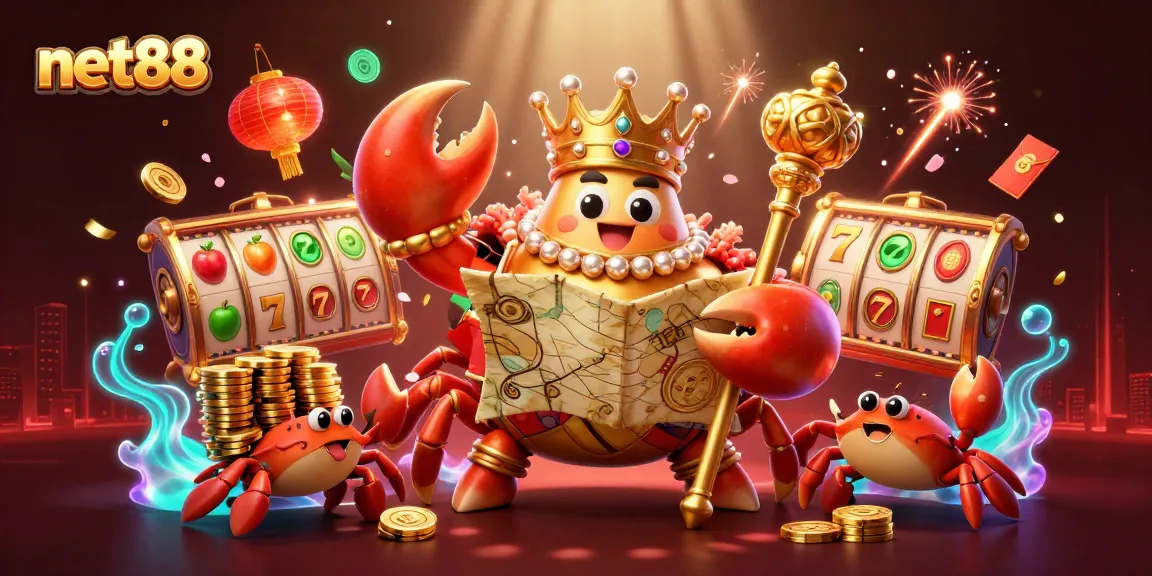 Engage with thrilling net88 casino adventures featuring a golden crab emperor amidst vibrant slot game elements.